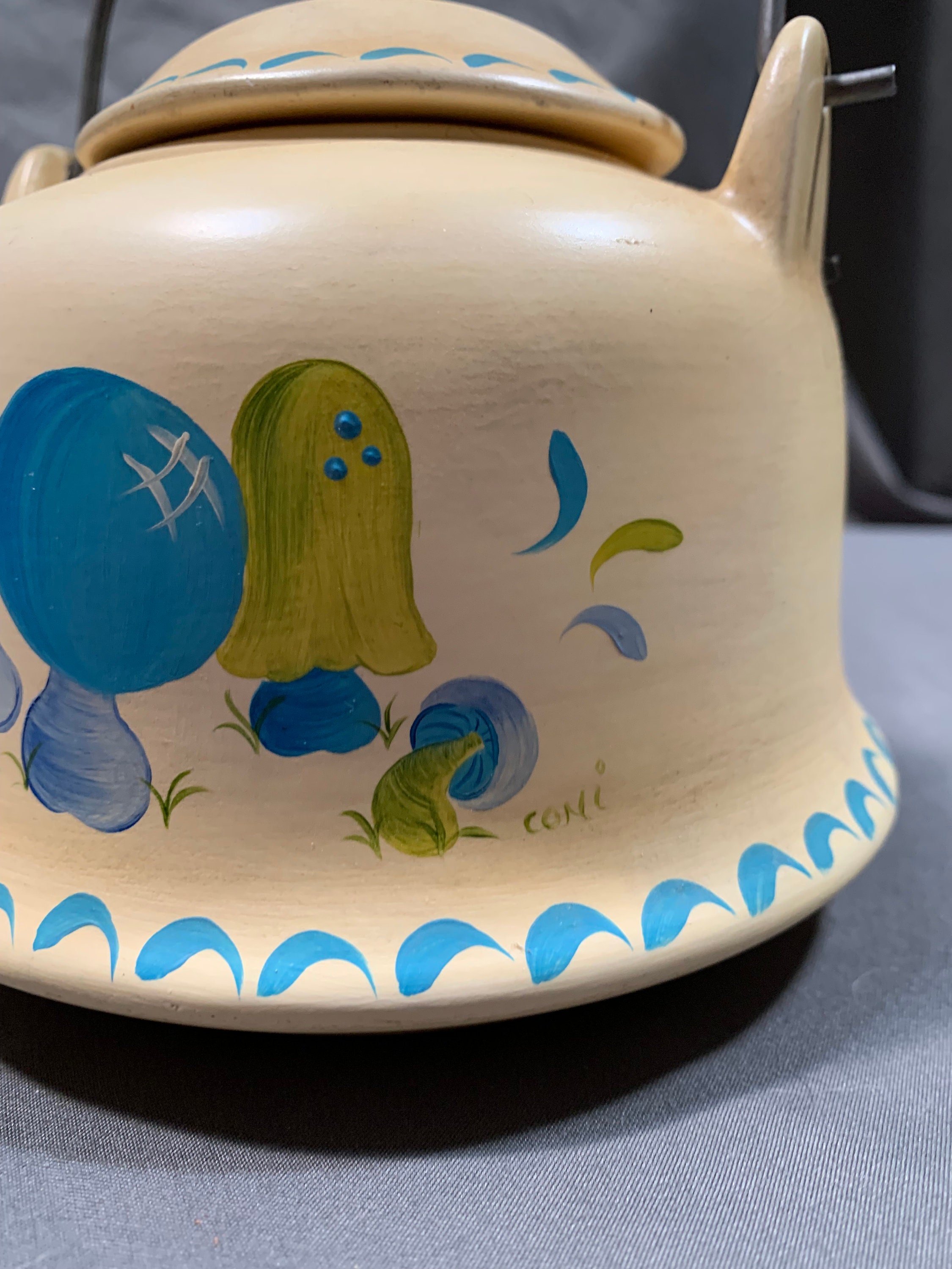 Vintage Ceramic Hand Painted Mushroom Tea Pot With Metal Handle Signed