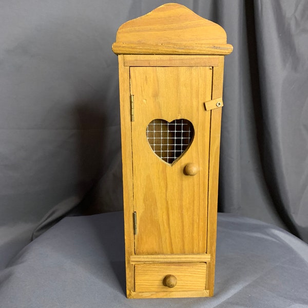 Vintage wood wall hanging cabinet storage with drawer and heart cutout