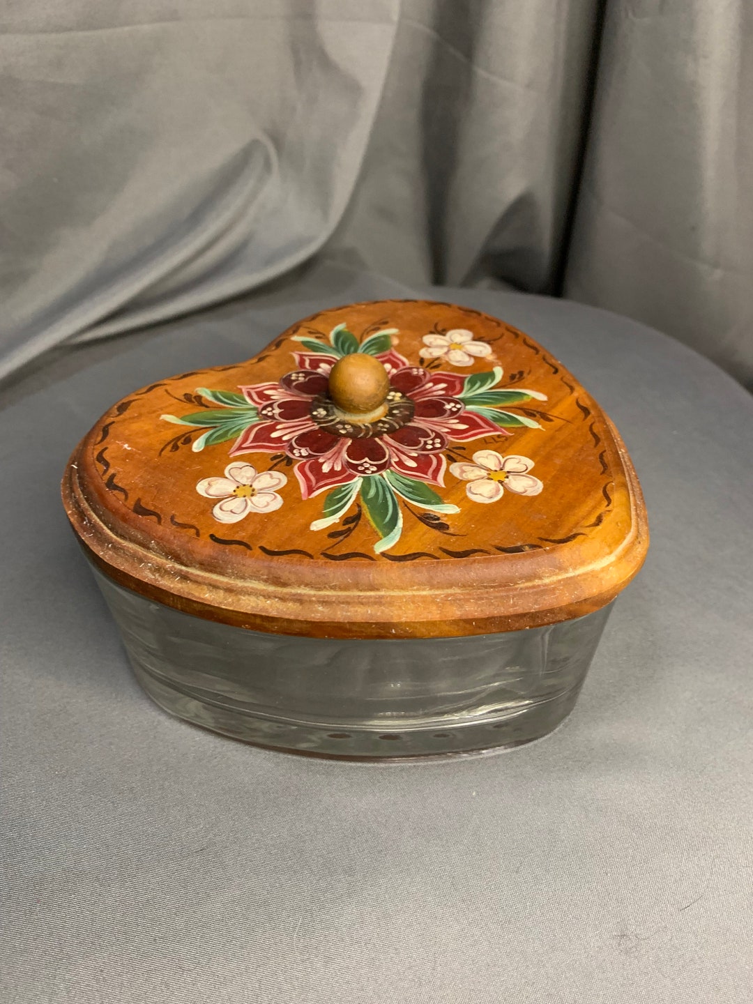 Vintage Glass Heart Candy Dish With Hand Painted Wood Lid Etsy