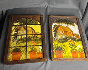 Vintage Handpainted Framed Paintings of a Suburban house scene