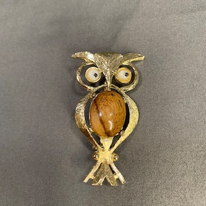 Vintage Googly Eye Owl Brooch With Polished Wood Belly