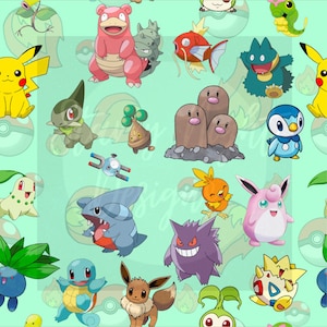 May include: A colorful pattern featuring various Pokemon characters on a light green background. The characters include Pikachu, Squirtle, Bulbasaur, Charmander, and many more.