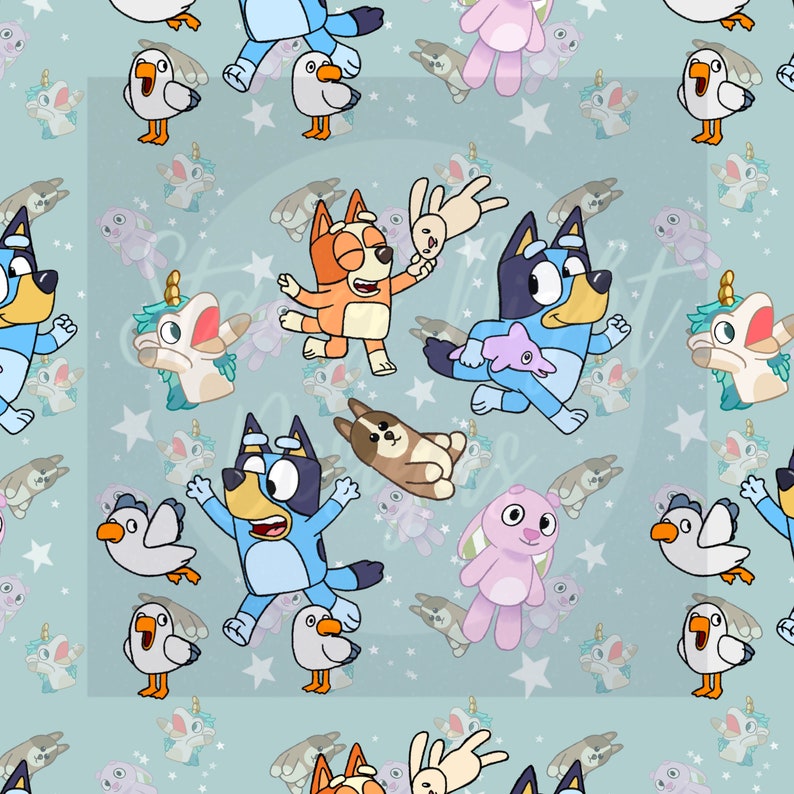 May include: A seamless pattern featuring cartoon characters on a light blue background with white stars. The characters include a blue dog, an orange dog, a unicorn, a seagull, and a pink bunny.