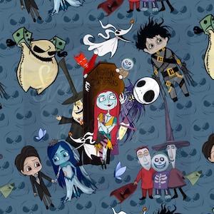 NBC seamless design, jack, sally, spooky surface pattern design illustration, repeat design nerdy geeky oogie, scissor hands, halloween town