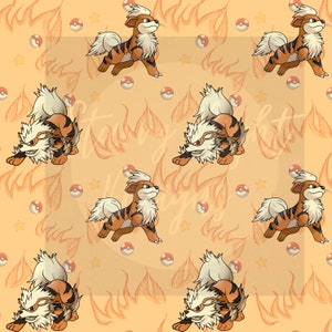 May include: A seamless pattern featuring a cartoon illustration of a brown and white dog with a fiery mane. The dog is set against a background of orange flames and yellow stars.