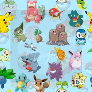 May include: A blue background with a variety of colorful cartoon Pokemon characters. The characters include Pikachu, Squirtle, Bulbasaur, Charmander, and many more.