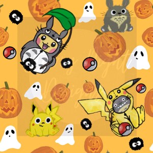 May include: A yellow background with a repeating pattern of Halloween themed characters.  The characters include Pikachu, Totoro, and a ghost.  There are also pumpkins and Pokeballs in the pattern.