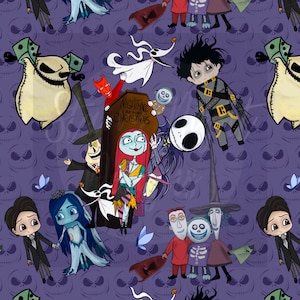 NBC seamless design, jack, sally, spooky surface pattern design illustration, repeat design nerdy geeky oogie, scissor hands, halloween town