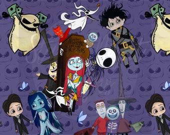 NBC seamless design, jack, sally, spooky surface pattern design illustration, repeat design nerdy geeky oogie, scissor hands, halloween town