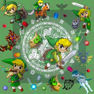 May include: A digital illustration featuring characters and symbols from the Legend of Zelda video game series. The image includes Link in various poses, along with other characters, gems, and the Triforce symbol, set against a green background.