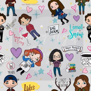 Puede incluir: Una ilustración digital colorida con personajes del programa de televisión Gilmore Girls. La ilustración incluye los personajes Rory, Lorelai, Luke y Sookie. La ilustración también incluye varios elementos de texto del programa, como "Stars Hollow, Connecticut", "Luke's", "Miss Patty's School of Ballet", "Die Jerk", "I Smell Snow" y "Have a Rory".