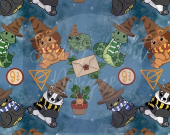 Wizarding Mascots seamless design, surface pattern design, illustration, hp seamless design, owl, magic, wand, nymphus, magic film, film