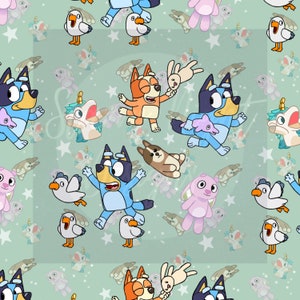 Green Blue sisters dog seamless design, surface pattern design, illustration, cartoon, bingo dog, kids design, baby design