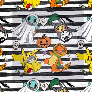 May include: A black and white striped background with various Halloween-themed characters.  The characters are dressed as ghosts, pumpkins, and other spooky creatures.  The characters are from the popular anime series Pokemon.