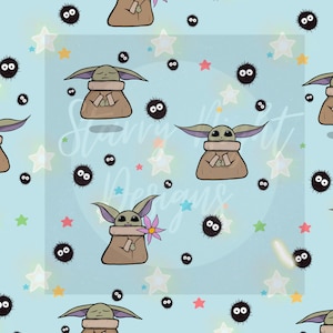 Könnte beinhalten: Ein nahtloses Muster mit einer grünen Baby-Yoda-Figur, die eine Blume hält, umgeben von schwarzen und weißen, flauschigen runden Kreaturen und bunten Sternen auf hellblauem Hintergrund.