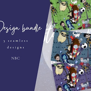 BUNDLE 3 NBC seamless design colour ways jack sally spooky surface pattern illustration repeat nerdy geeky oogie scissor zero halloween town