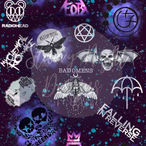 May include: A dark purple fabric pattern featuring a galaxy-inspired background with blue paint splatters. The design includes various band logos, skulls, moths, and symbols such as the Radiohead bear, My Chemical Romance text, and Bad Omens.