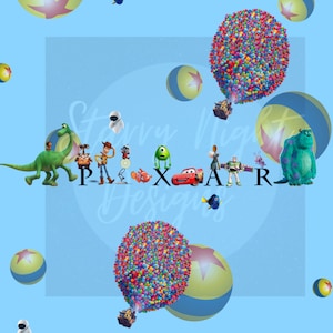 May include: A blue background with a variety of Pixar characters, including Buzz Lightyear, Woody, Sulley, Mike, Dory, and Lightning McQueen. The characters are arranged in a line with the text "PIXAR" in large letters. There are also several colorful balloons in the background.