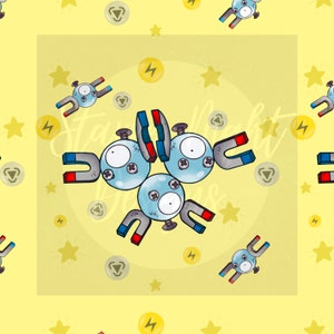 May include: A yellow background with a repeating pattern of blue and gray cartoon robots with red and blue magnets. The robots have large eyes and are surrounded by stars, lightning bolts, and triangles.