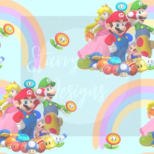 May include: A colorful illustration featuring Mario, Luigi, Peach, and other characters from the Super Mario Bros. video game series. The characters are surrounded by various power-ups and items, including mushrooms, stars, and coins. The background is a light blue with a rainbow.