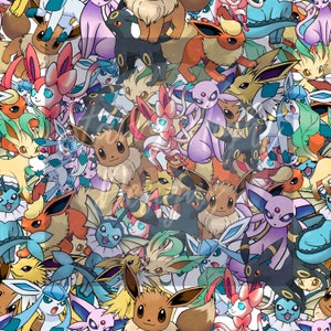 May include: A colorful pattern featuring various Pokemon characters, including Eevee, Espeon, Umbreon, and Jolteon. The background is a white and light blue color.