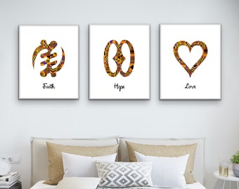 Faith Hope Love x Adinkra Set of 3 in Kente | Digital Print | African wall art | Adinkra symbols | Bible verse print | Faith print
