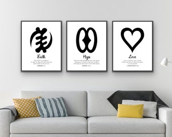 Faith Hope Love x Adinkra & Scriptures Set of 3 in Black | Digital Print | African wall art | Adinkra symbols | Bible verse print