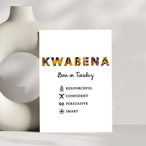Kwabena/ Kobi x Adinkra A5 Biglietto di auguri ~ Maschio nato martedì nel Kente / Biglietto africano / Biglietto con nome ghanese / Biglietto di auguri personalizzato