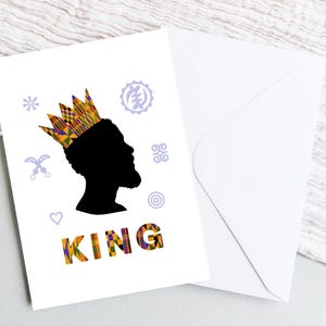 Biglietto d'auguri Kente A5 con Re x Adinkra / Biglietti d'auguri africani / Biglietti stampati Kente / Simboli Adinkra / Re / Uomo nero / Biglietto d'auguri Kente