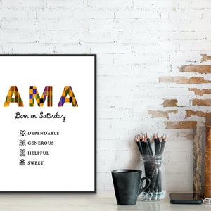 Ama x Adinkra ~ Saturday born female in Kente | Digital Print | African wall art | Name print | Ghana | African name | Personalised prints