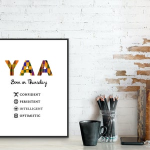 Yaa x Adinkra ~ Thursday born female in Kente | Digital Print | African wall art | Name print | Ghana | African name | Personalised prints