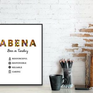 Abena ~ Tuesday born female in Kente | Digital Print | African wall art | Name print | Ghana | African name | Personalised prints