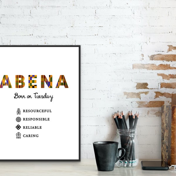 Abena ~ Tuesday born female in Kente | Digital Print | African wall art | Name print | Ghana | African name | Personalised prints