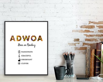 Adwoa x Adinkra ~ Monday born female in Kente | Digital Print | African wall art | Name print | Ghana | African name | Personalised prints