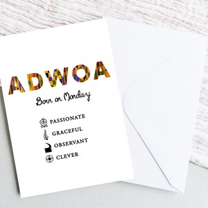 Cartão de felicitações A5 Adwoa/Adjoa x Adinkra ~ Segunda-feira, mulher nascida em Kente | Cartão africano | Cartão de nome do dia de Gana | Cartão de felicitações personalizado