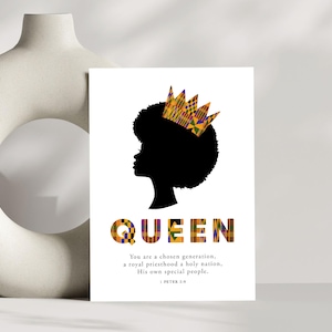 Reina ~ 1 Pedro 2:9 en tarjeta A5 Kente / Tarjeta de felicitación africana / Tarjetas con impresión Kente / Tarjeta cristiana / Reina / Mujer negra / Tarjeta con versículo bíblico
