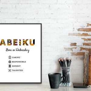 Abeiku x Adinkra ~ ケンテの水曜日生まれの男性 | デジタルプリント | アフリカの壁アート | 名前プリント | ガーナ | アフリカの名前 | パーソナライズされたプリント