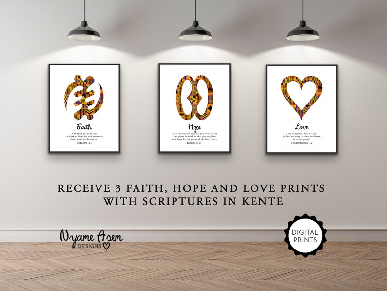Faith Hope Love x Adinkra & Scriptures Set of 3 in Kente | Digital Print | African wall art | Adinkra symbols | Bible verse print image 8