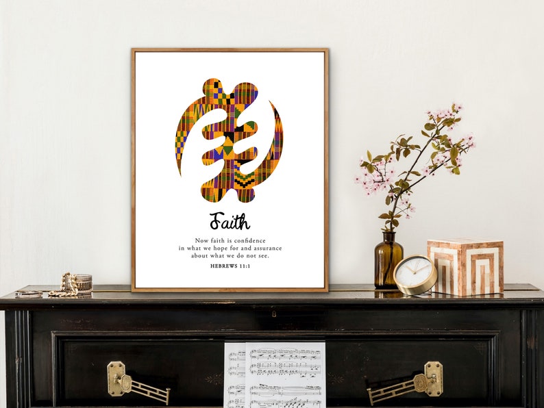 May include: A printable wall art design featuring the Adinkra symbol for faith, with a colorful pattern and the quote "Now faith is confidence in what we hope for and assurance about what we do not see. Hebrews 11:1".