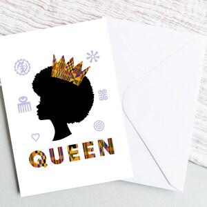 Queen x Adinkra in Kente A5 Card / Biglietti di auguri africani / Biglietti stampati Kente / Simboli Adinkra / Regina / Donna nera / Biglietto di auguri Kente