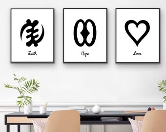 Faith Hope Love x Adinkra Set of 3 in Black | Digital Print | African wall art | Adinkra symbols | Bible verse print | Faith print