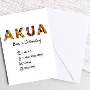 Biglietto d'auguri Akua x Adinkra A5 ~ Femmina nata mercoledì nel Kente / Biglietto africano / Biglietto con nome ghanese / Biglietto d'auguri personalizzato