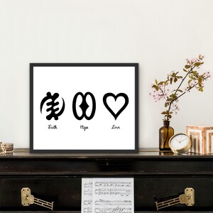 Faith Hope Love x Adinkra in Black & Kente landscape | Digital Print | African wall art | Adinkra symbols | Bible verse print | Kente print