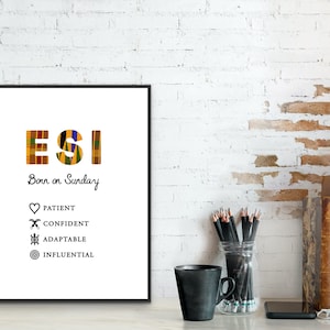 Esi x Adinkra ~ ケンテの日曜日生まれの女性 | デジタルプリント | アフリカの壁アート | 名前プリント | ガーナ | アフリカの名前 | パーソナライズされたプリント