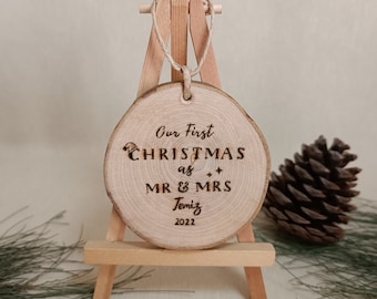 Couples First Christmas Wood Ornament, Personalized Our First Christmas as Mr and Mrs Ornament 2022, Newlywed Gift, Engagement Gift