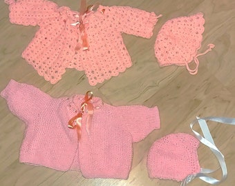 Vtg 2 Handmade Baby Hat and Sweater Sets size 0-3 months