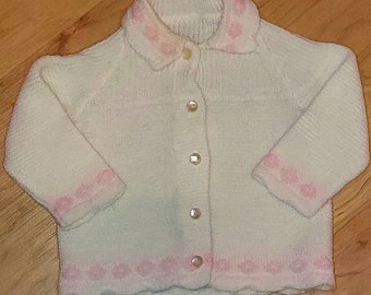 Vtg Handmade Baby White Sweater with Pink Trim size 3-6 months