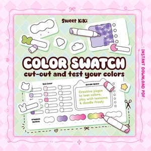 May include: A digital download graphic with the text "COLOR SWATCH cut-out and test your colors." The design includes illustrations of pencils, clouds, and color swatches in pink, purple, and green. The words "Sweet Kiki" are at the top.