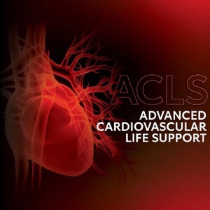 May include: A red cover with a stylized heart and a torch, the American Heart Association logo, at the top. The text "ACLS ADVANCED CARDIOVASCULAR LIFE SUPPORT PROVIDER MANUAL" is in white on a red background.