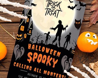 May include: Halloween-themed invitation with the words "Trick or Treat" and "Halloween Spooky" on a black background. The invitation features silhouettes of zombies, bats, and ghosts. Oranges with painted faces and plastic skeleton hands surround the invitation.
